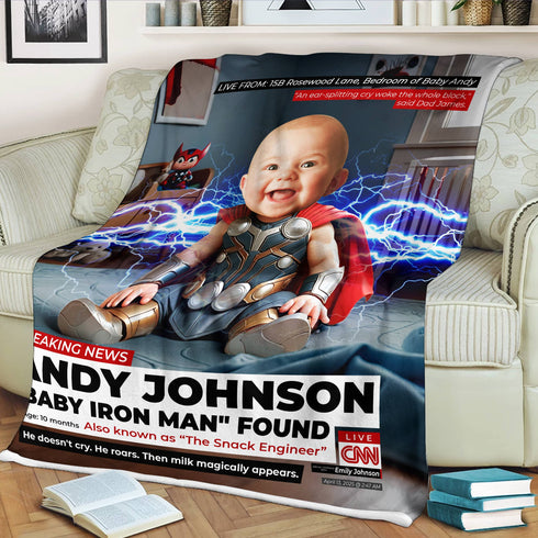Personalized Baby Superhero Thor Blanket – CNN Breaking News Style with Custom Photo & Name